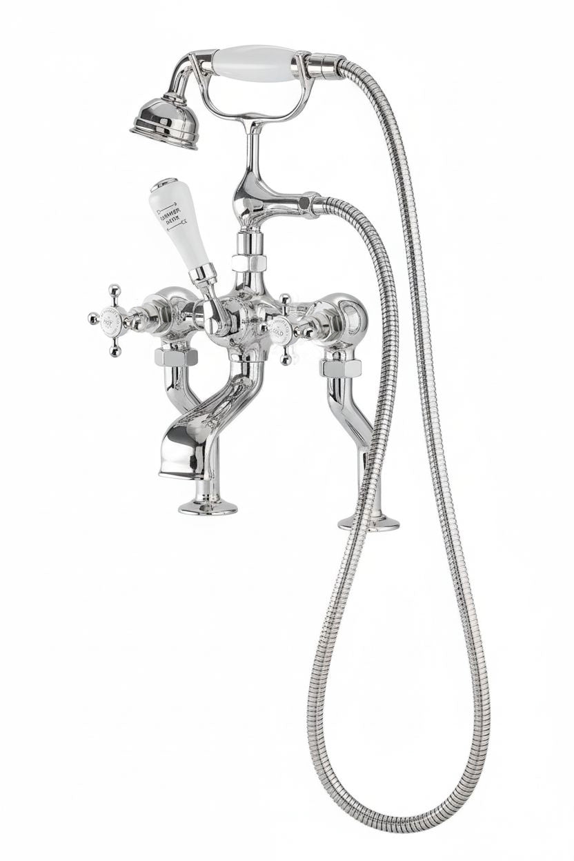 Chrome Plate Bath Mixer Deck Mounted in a traditional style compatible with Barber Wilsons, Lefroy Brooks, Rudge, and Chadder & Co.