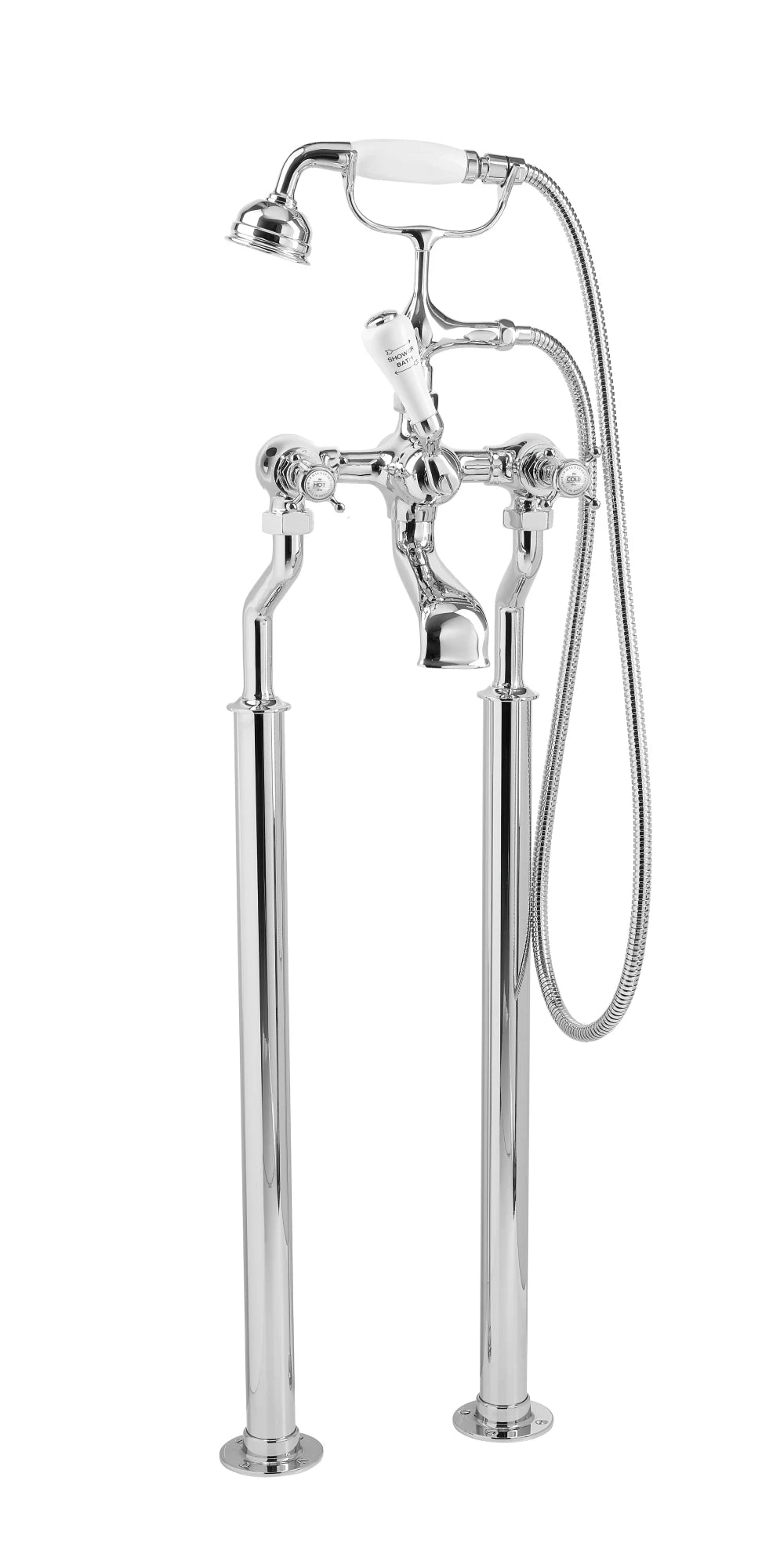 Chrome Plate Bath Mixer on Standpipe Legs in a traditional style compatible with Barber Wilsons, Lefroy Brooks, Rudge, and Chadder & Co.