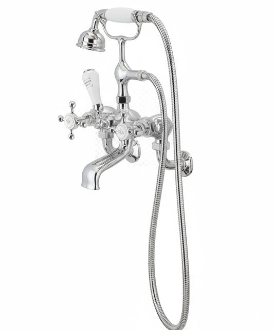 Chrome Plate Bath Mixer Wall MOUNTED (PN-1950) in a traditional style compatible with Barber Wilsons, Lefroy Brooks, Rudge, and Chadder & Co.