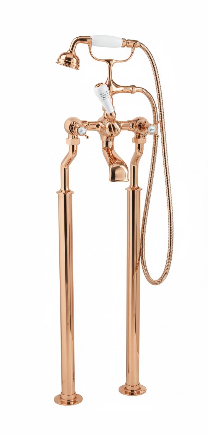 French Copper Bath Mixer on Standpipe Legs in a traditional style compatible with Barber Wilsons, Lefroy Brooks, Rudge, and Chadder & Co.
