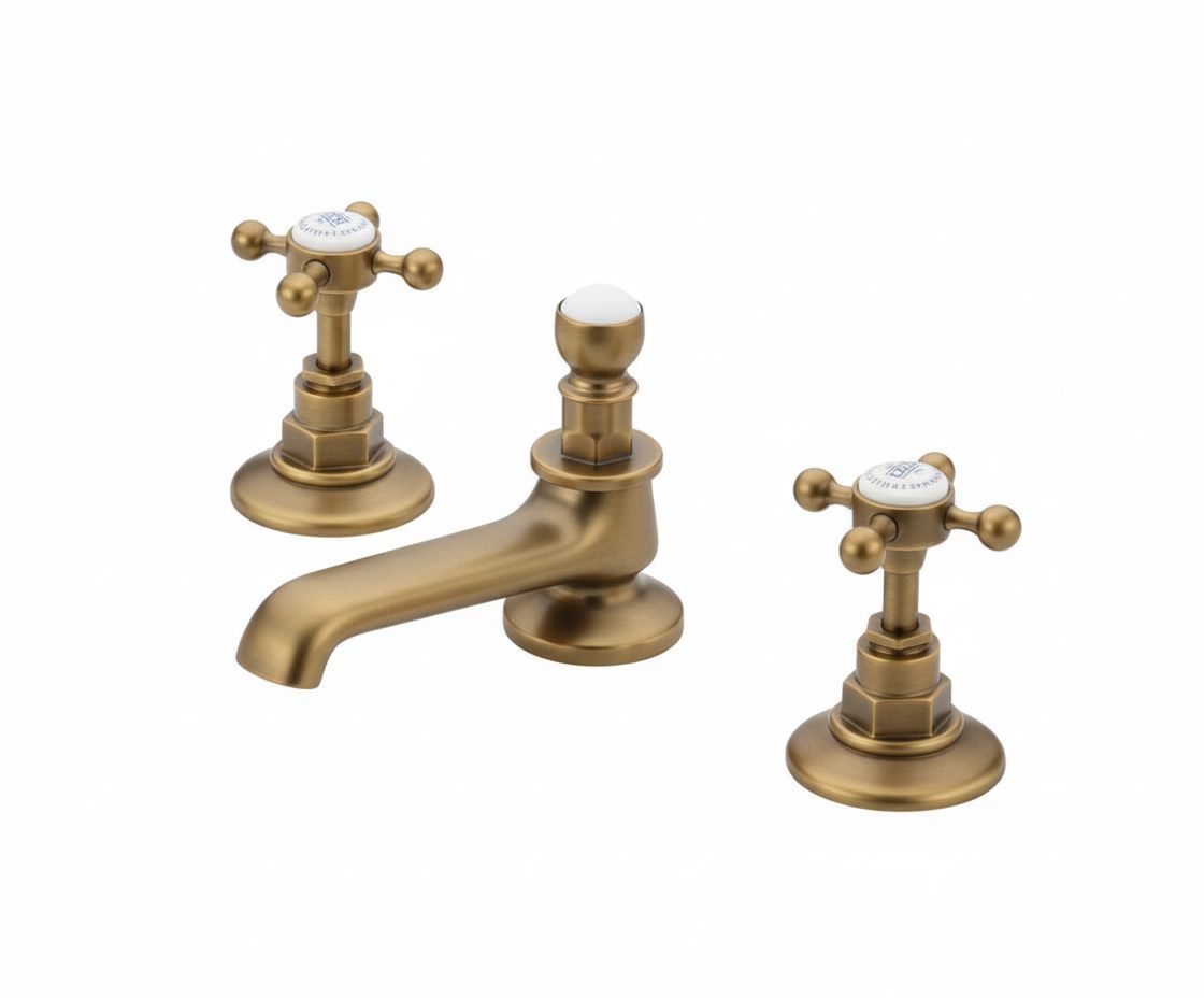 Weather brass 3 holed basin mixer deck mounted in a traditional style compatible with Barber Wilsons, Lefroy Brooks, Rudge, and Chadder & Co.