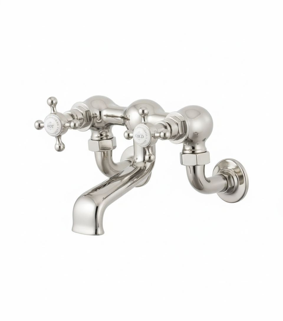 Nickel Plate Bath Filler Wall Mounted in a traditional style compatible with Barber Wilsons, Lefroy Brooks, Rudge, and Chadder & Co.