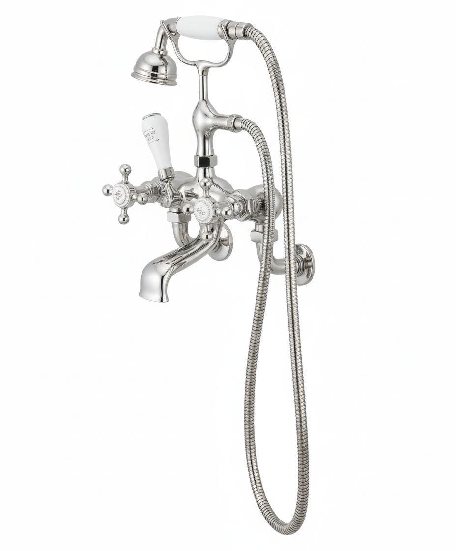 Nickel Plate Bath Mixer Wall MOUNTED (PN-1950) in a traditional style compatible with Barber Wilsons, Lefroy Brooks, Rudge, and Chadder & Co.