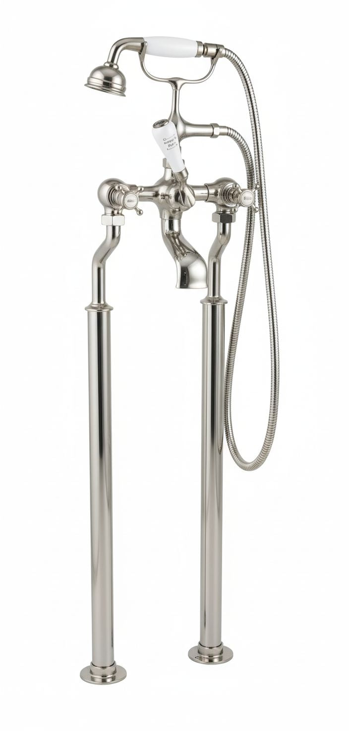 Nickel Plate Bath Mixer on Standpipe Legs in a traditional style compatible with Barber Wilsons, Lefroy Brooks, Rudge, and Chadder & Co.
