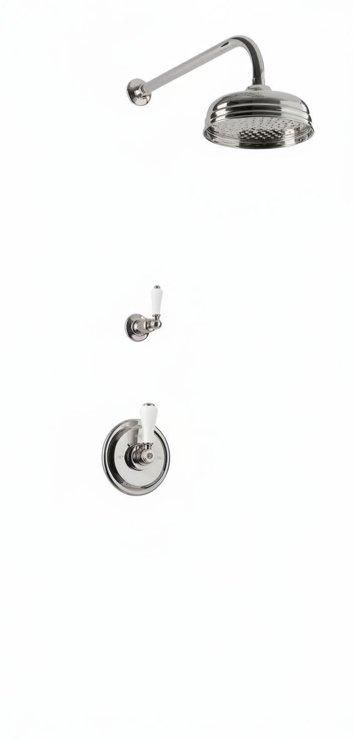 Nickel Plate Concealed thermostatic shower & 8 inch roase in a traditional style compatible with Barber Wilsons, Lefroy Brooks, Rudge, and Chadder & Co.