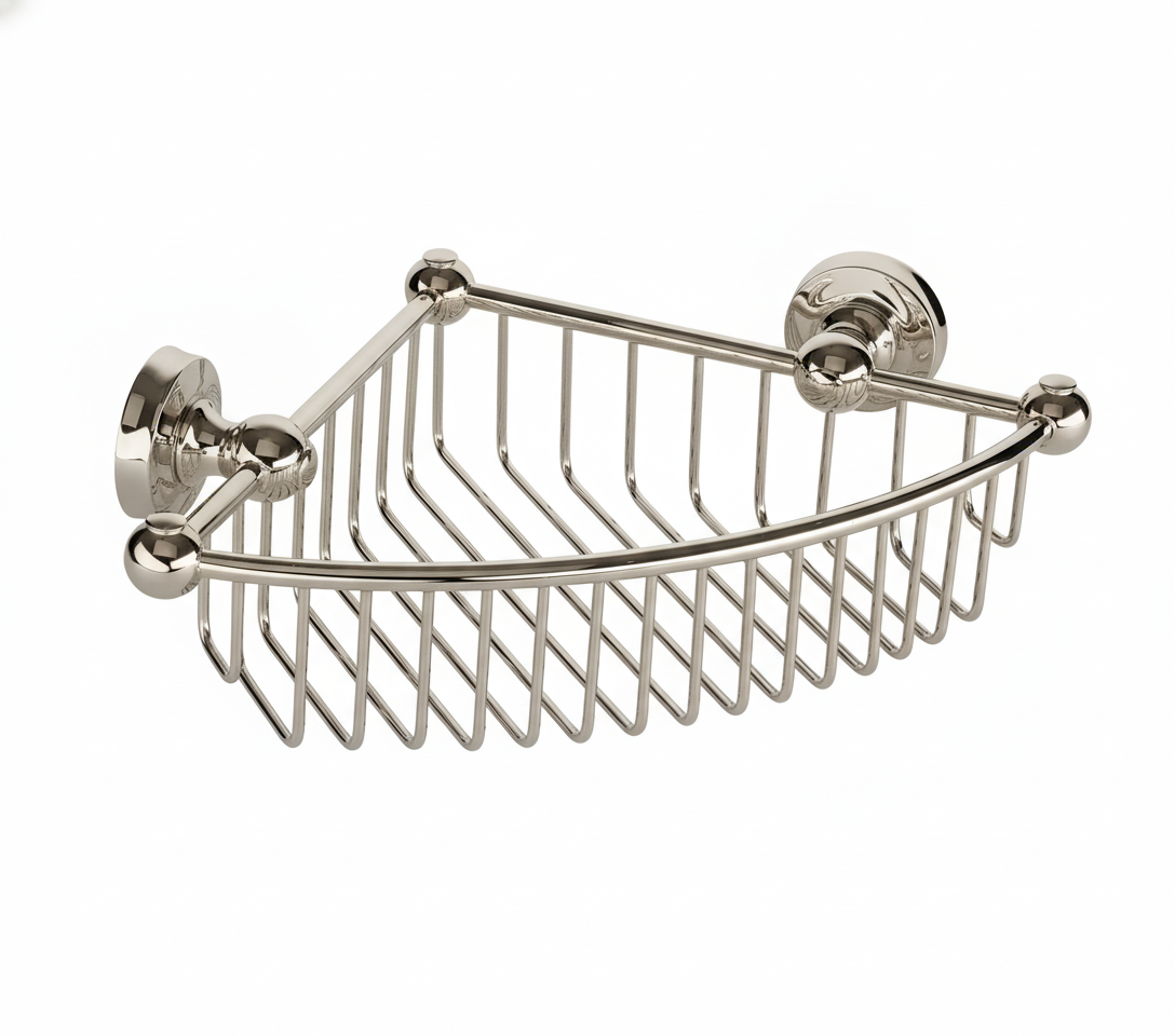 Nickel Plate CORNER BASKET in a traditional style compatible with Barber Wilsons, Lefroy Brooks, Rudge, and Chadder & Co.
