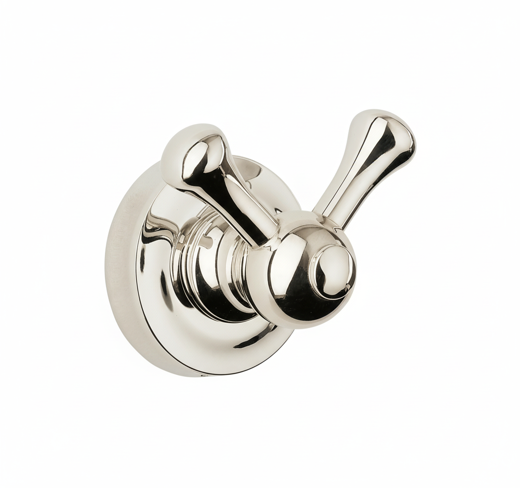 Nickel Plate ROBE HOOK 2 ARM in a traditional style compatible with Barber Wilsons, Lefroy Brooks, Rudge, and Chadder & Co.