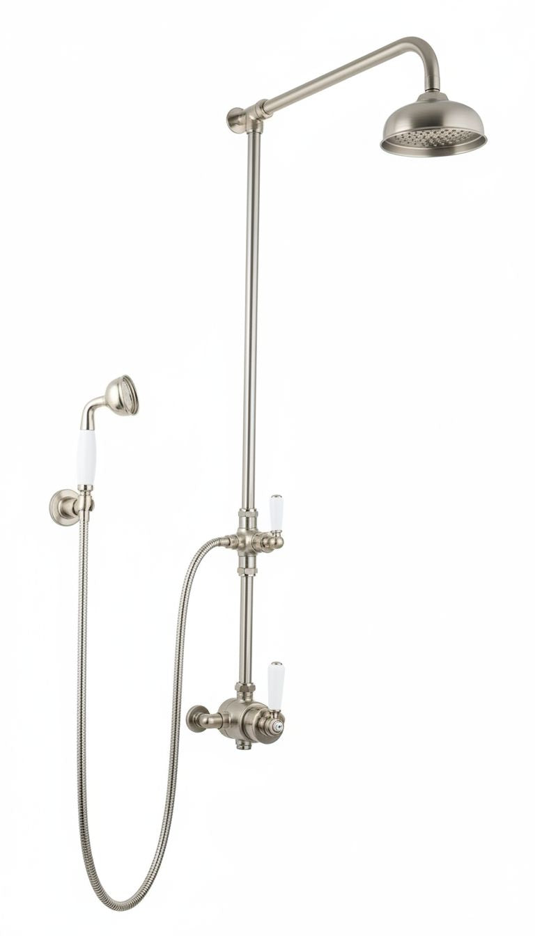 Nickel Plate ESPOSED THERMOSTSTIC SHOWER WITH HANDSET HOOK SMALL THERMO in a traditional style compatible with Barber Wilsons, Lefroy Brooks, Rudge, and Chadder & Co.