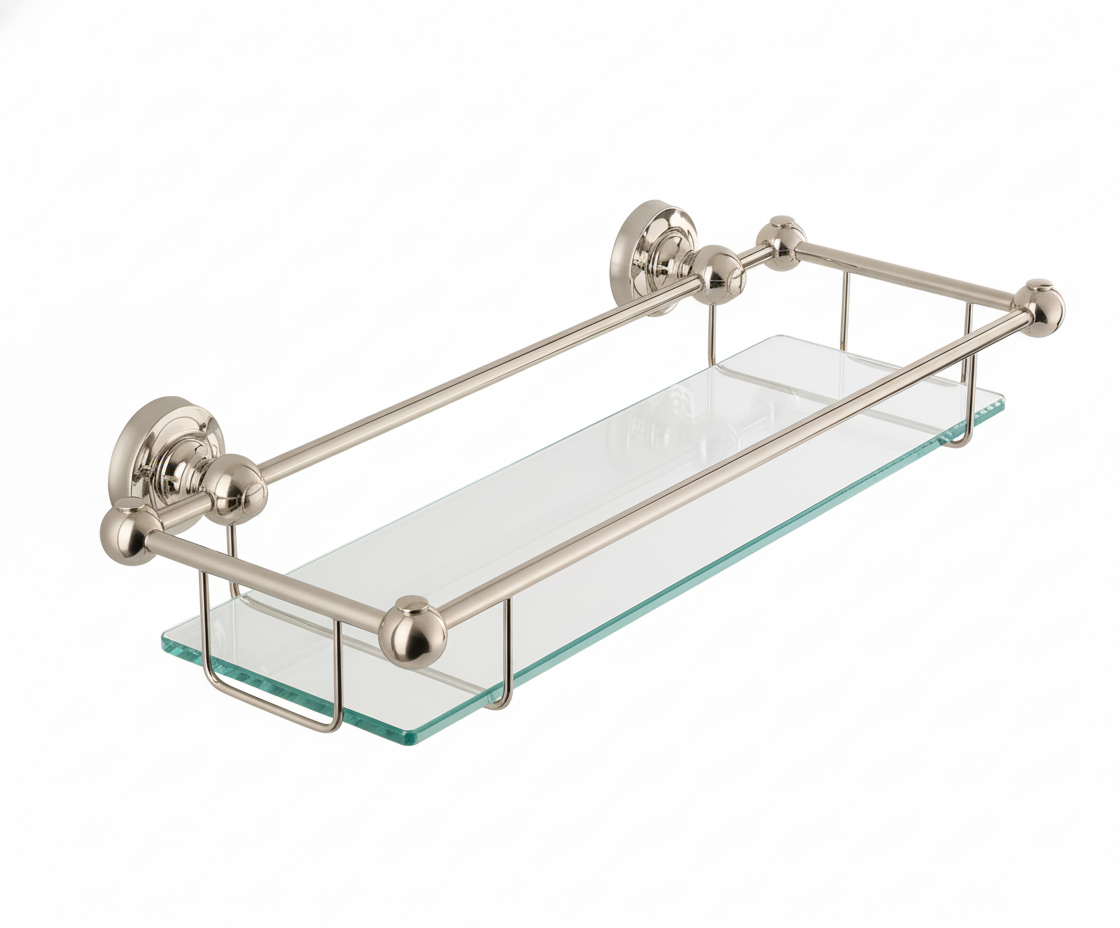 Nickel Plate GLASS GALLERY SHELF in a traditional style compatible with Barber Wilsons, Lefroy Brooks, Rudge, and Chadder & Co.
