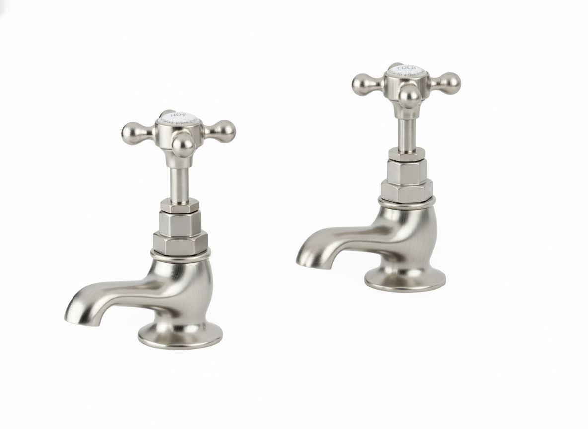 Nickel Plate Basin Taps Short Nosed in a traditional style compatible with Barber Wilsons, Lefroy Brooks, Rudge, and Chadder & Co.