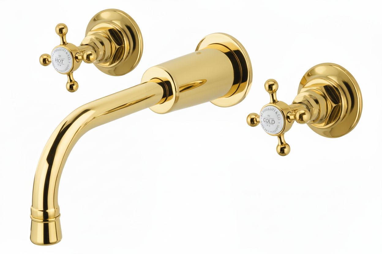 Polished Brass Weathered Brass 3 Holed basin Mixer Wall Mounted in a traditional style compatible with Barber Wilsons, Lefroy Brooks, Rudge, and Chadder & Co.