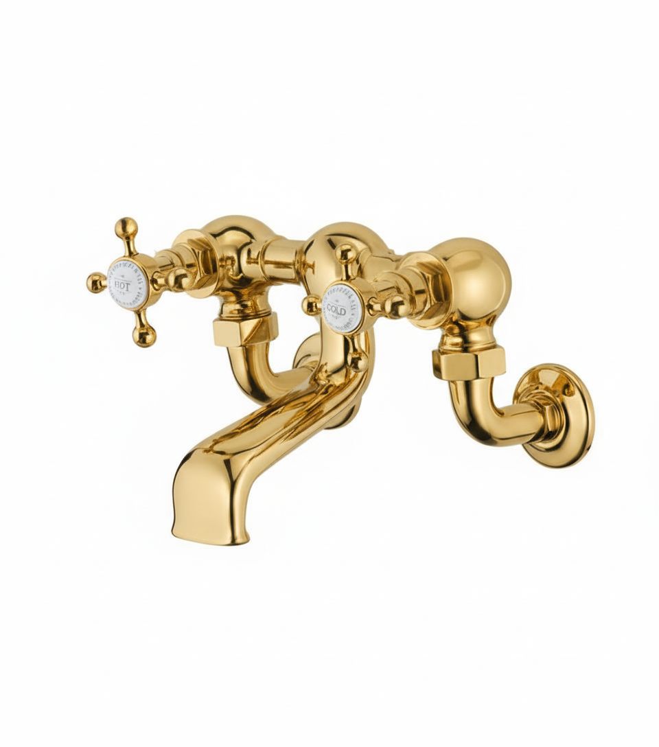 Polished Brass Bath Filler Wall Mounted in a traditional style compatible with Barber Wilsons, Lefroy Brooks, Rudge, and Chadder & Co.
