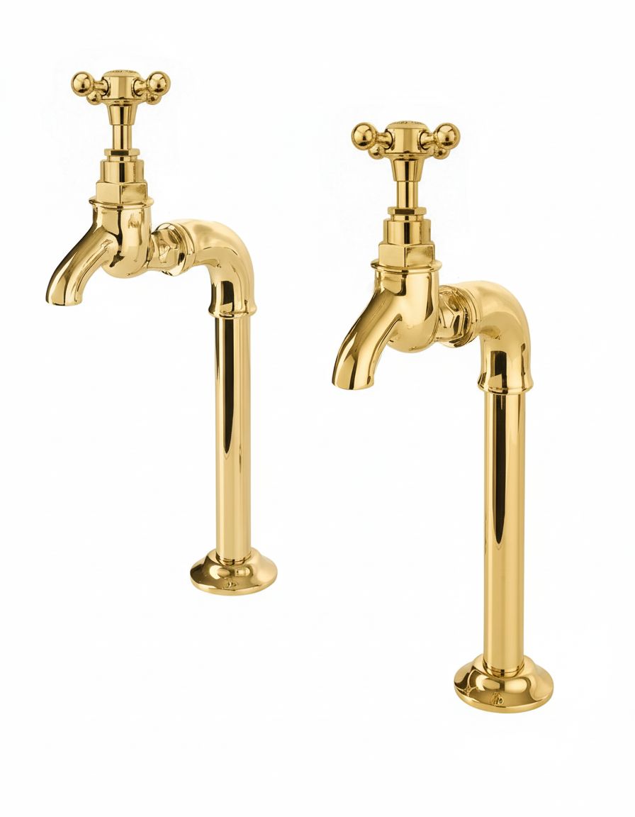 Polished Brass BIB TAPS EXTENDED upstand bibs in a traditional style compatible with Barber Wilsons, Lefroy Brooks, Rudge, and Chadder & Co.