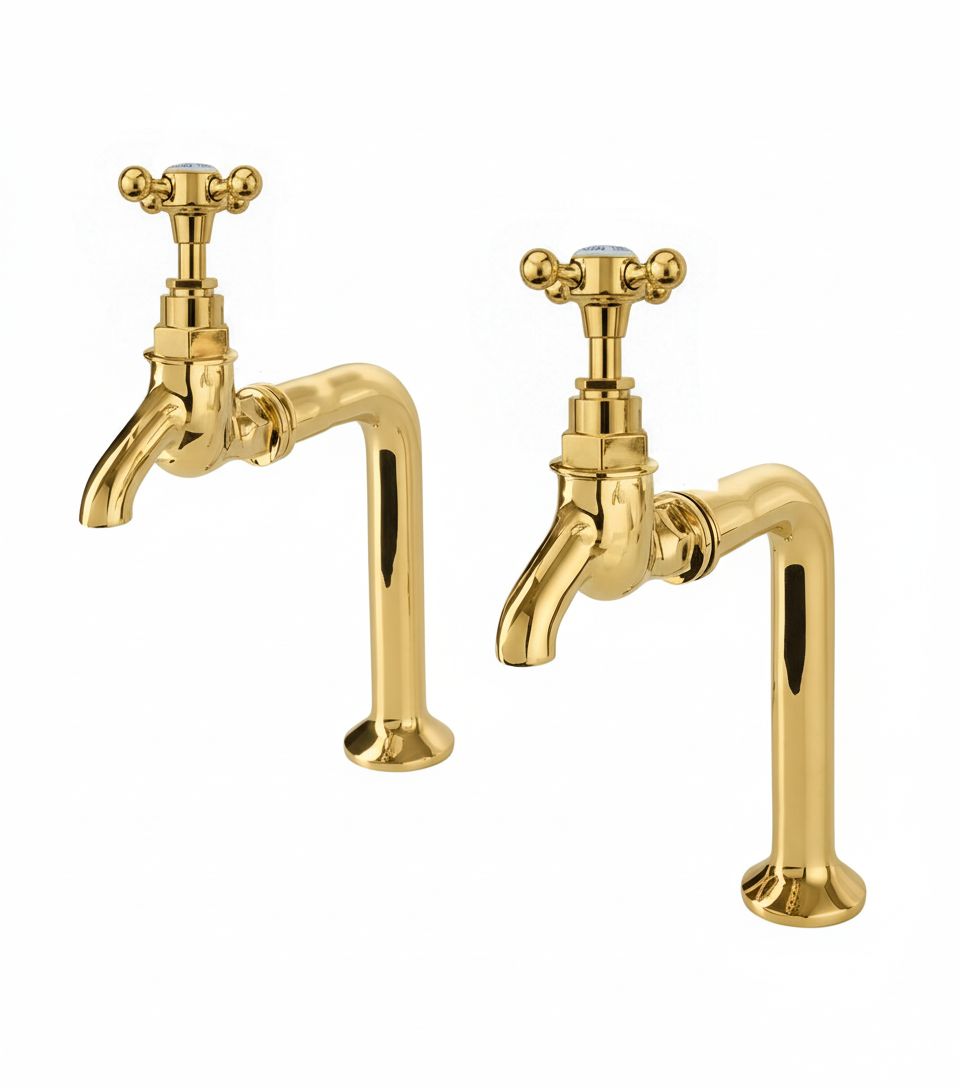 Polished Brass BIB TAPS STANDARD extention in a traditional style compatible with Barber Wilsons, Lefroy Brooks, Rudge, and Chadder & Co.