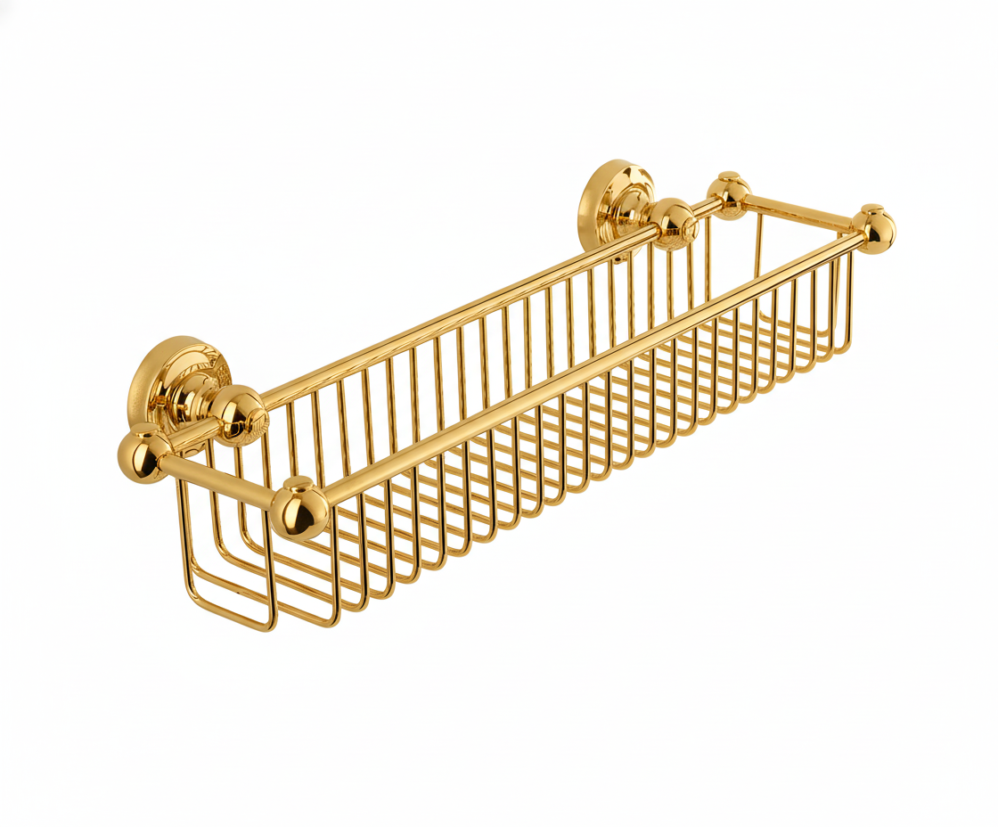 Polished Brass BOTTLE BASKET in a traditional style compatible with Barber Wilsons, Lefroy Brooks, Rudge, and Chadder & Co.