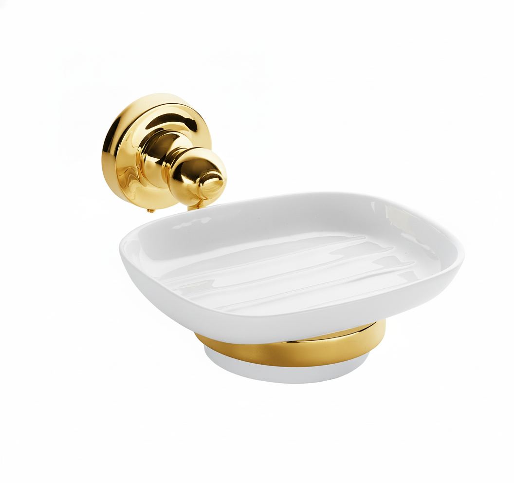 Polished Brass CERAMIC SOAP DISH in a traditional style compatible with Barber Wilsons, Lefroy Brooks, Rudge, and Chadder & Co.