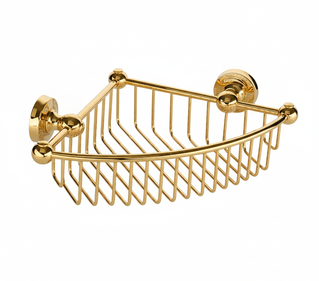 Polished Brass CORNER BASKET in a traditional style compatible with Barber Wilsons, Lefroy Brooks, Rudge, and Chadder & Co.