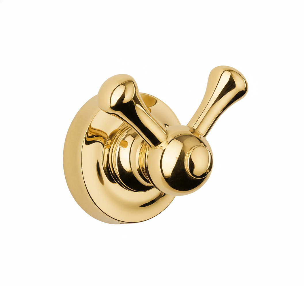 Polished Brass ROBE HOOK 2 ARM in a traditional style compatible with Barber Wilsons, Lefroy Brooks, Rudge, and Chadder & Co.