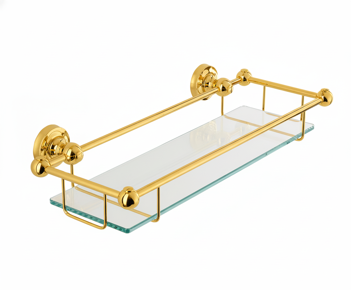 Polished Brass GLASS GALLERY SHELF in a traditional style compatible with Barber Wilsons, Lefroy Brooks, Rudge, and Chadder & Co.
