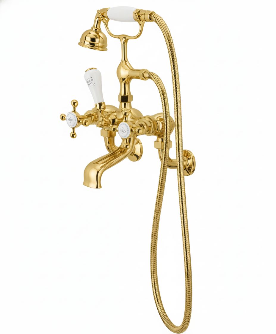 Polished Brass Bath Mixer Wall MOUNTED (PN-1950) in a traditional style compatible with Barber Wilsons, Lefroy Brooks, Rudge, and Chadder & Co.