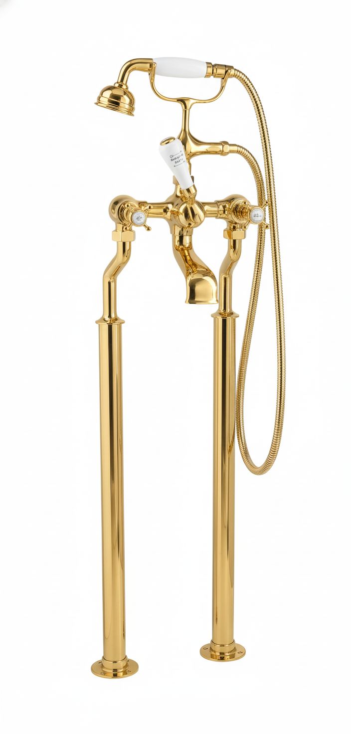 Polished Brass Bath Mixer on Standpipe Legs in a traditional style compatible with Barber Wilsons, Lefroy Brooks, Rudge, and Chadder & Co.