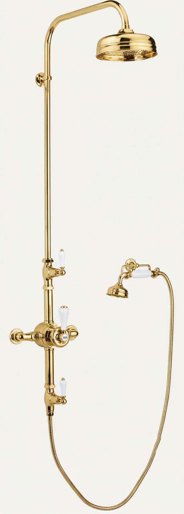 Polished Brass EXSPOSED THERMOSTATIC SHOWER AND HANDSET CRADLE KIT in a traditional style compatible with Barber Wilsons, Lefroy Brooks, Rudge, and Chadder & Co.
