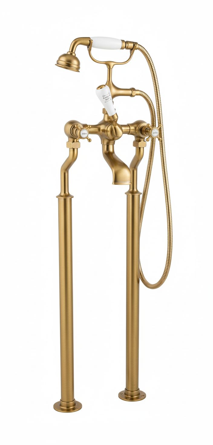 Weathered Brass Bath Mixer on Standpipe Legs in a traditional style compatible with Barber Wilsons, Lefroy Brooks, Rudge, and Chadder & Co.
