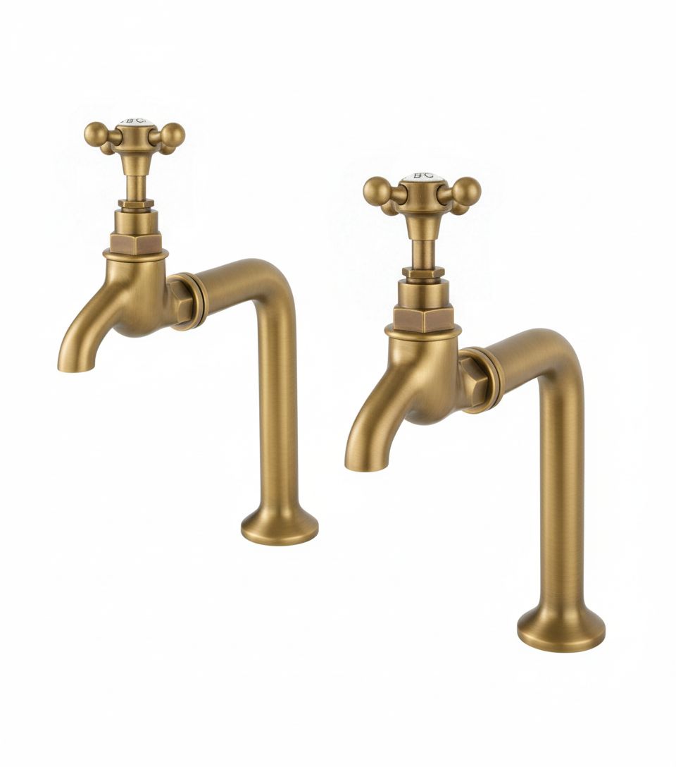 Weathered Brass BIB TAPS STANDARD extention in a traditional style compatible with Barber Wilsons, Lefroy Brooks, Rudge, and Chadder & Co.