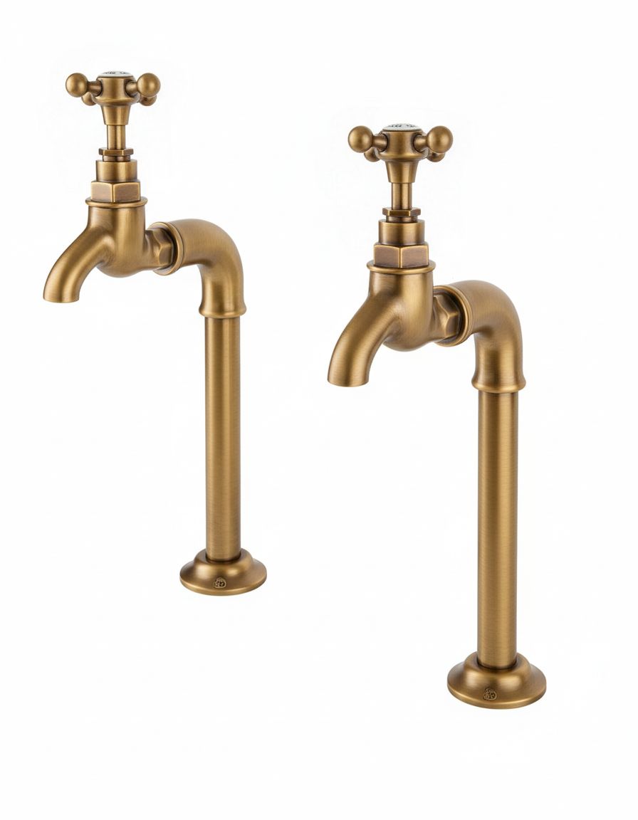 Weathered Brass BIB TAPS EXTENDED upstand bibs in a traditional style compatible with Barber Wilsons, Lefroy Brooks, Rudge, and Chadder & Co.