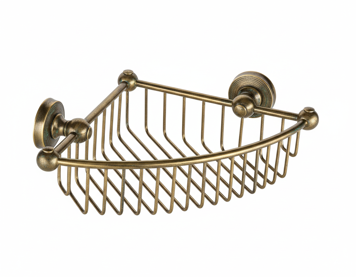 Weathered Brass CORNER BASKET in a traditional style compatible with Barber Wilsons, Lefroy Brooks, Rudge, and Chadder & Co.