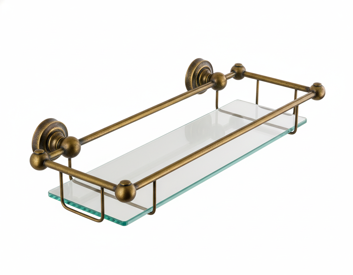 Weathered Brass GLASS GALLERY SHELF in a traditional style compatible with Barber Wilsons, Lefroy Brooks, Rudge, and Chadder & Co.