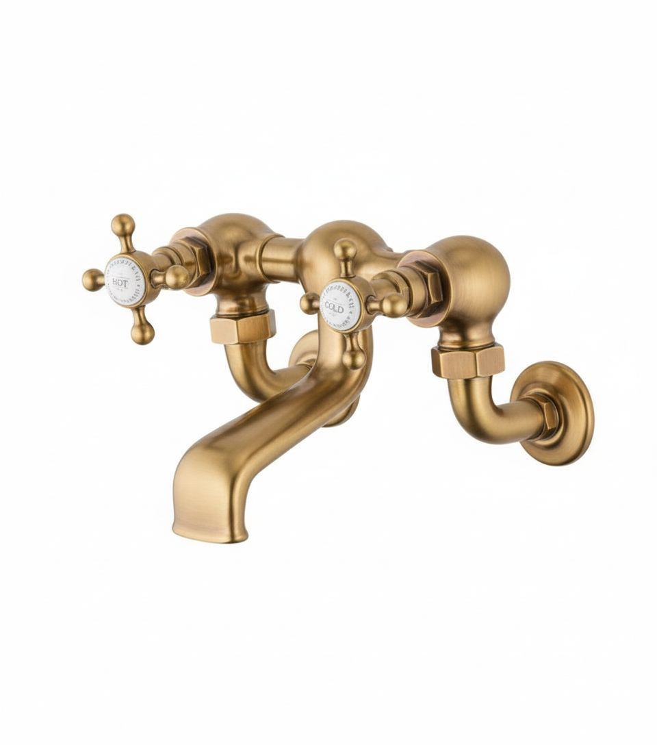 Weathered Brass Bath Filler Wall Mounted in a traditional style compatible with Barber Wilsons, Lefroy Brooks, Rudge, and Chadder & Co.