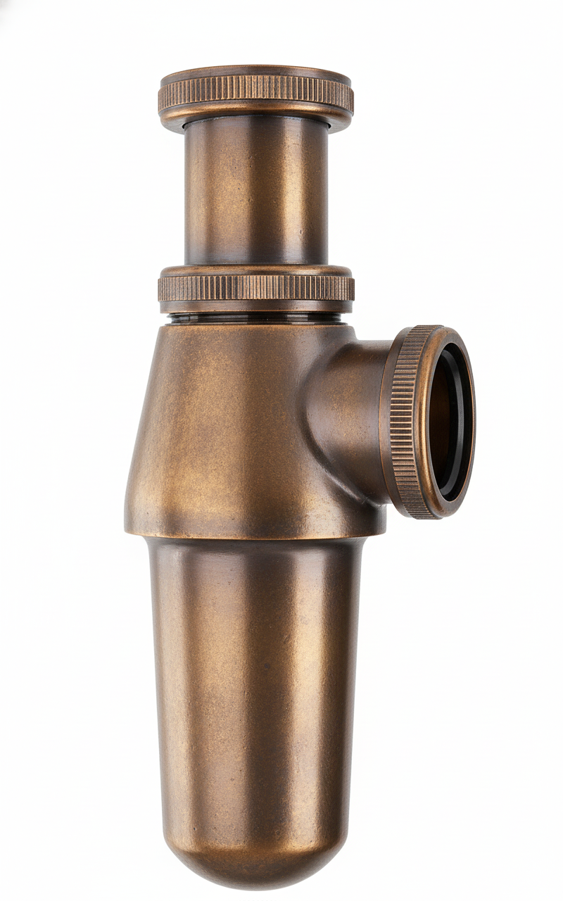 Weathered Copper BASIN BOTTLE TRAP in a traditional style compatible with Barber Wilsons, Lefroy Brooks, Rudge, and Chadder & Co.