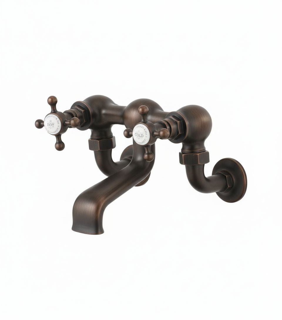 Weathered Copper Bath Filler Wall Mounted in a traditional style compatible with Barber Wilsons, Lefroy Brooks, Rudge, and Chadder & Co.