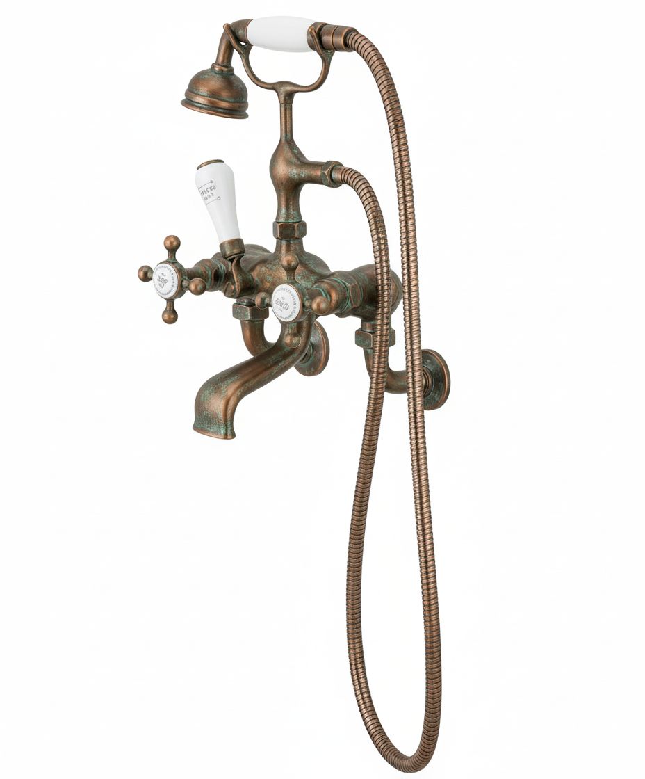 Weathered Copper Bath Mixer Wall MOUNTED (PN-1950) in a traditional style compatible with Barber Wilsons, Lefroy Brooks, Rudge, and Chadder & Co.