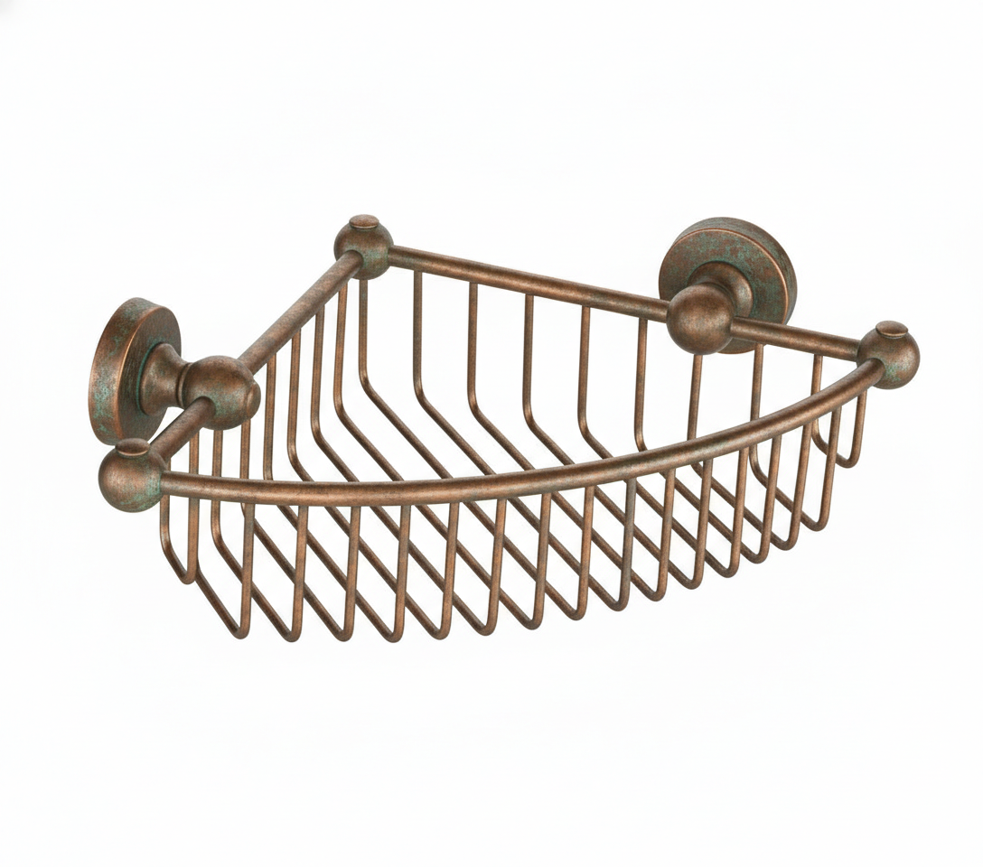Weathered Copper CORNER BASKET in a traditional style compatible with Barber Wilsons, Lefroy Brooks, Rudge, and Chadder & Co.